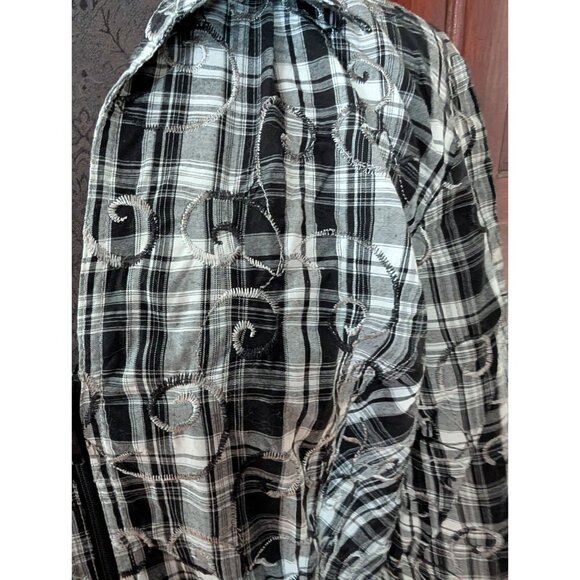 Christopher Banks Black & White Plaid Zip-Up Shirt  Embroidered Swirls Womens L - Picture 4 of 8